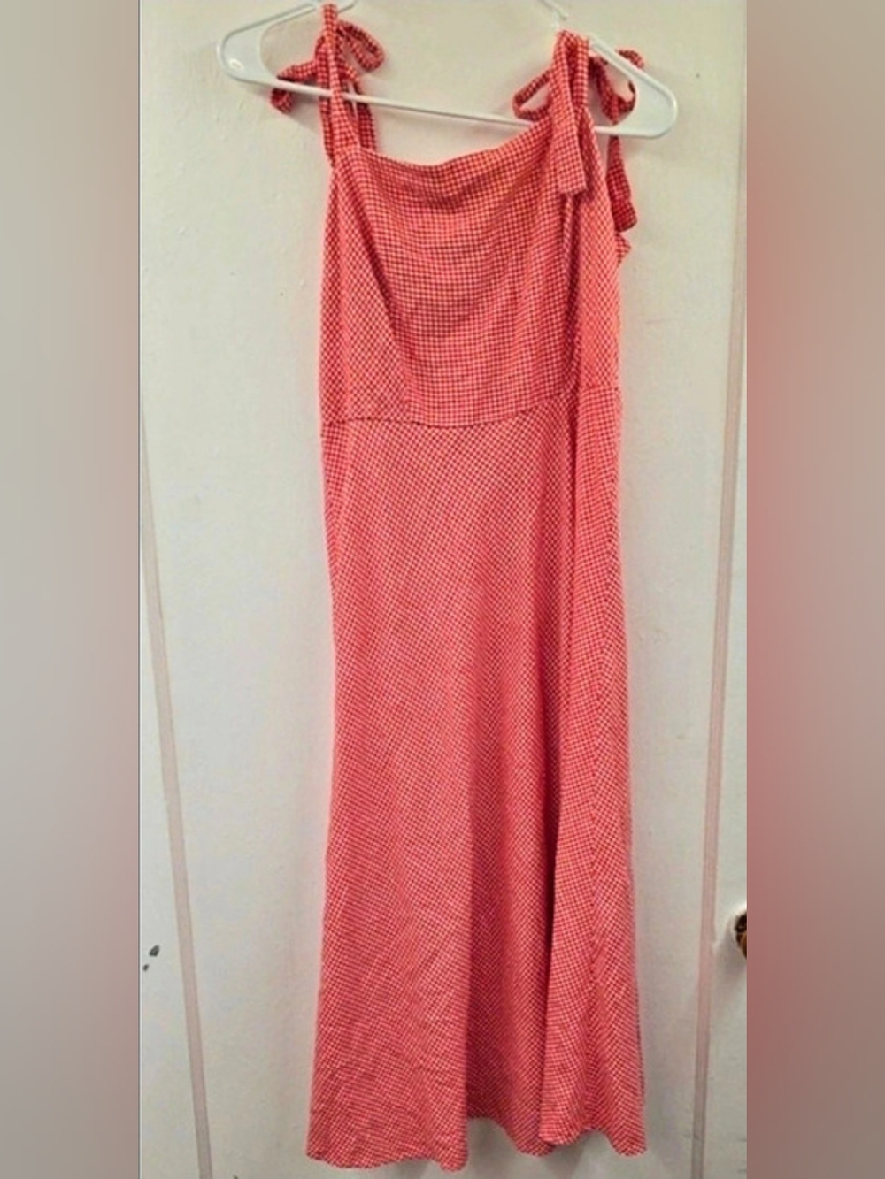 Draper James RSVP Red Gingham Tie Shoulder Midi Dress M Linen Blend